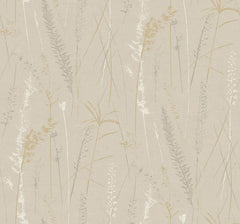Meadow Splendor Botanical Wallpaper features a beige background adorned with delicate, minimalist line drawings of grasses and wildflowers in muted gold, gray, and white tones, creating a soft and natural pattern.