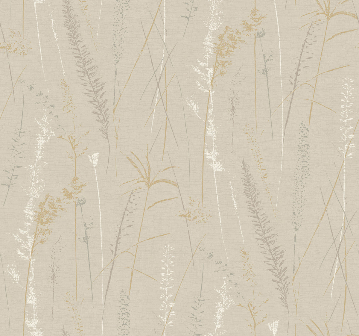 Meadow Splendor Botanical Wallpaper features a beige background adorned with a gentle pattern of slender grasses and wildflowers in soft gold, gray, and white tones, creating a light, natural, and airy ambiance.