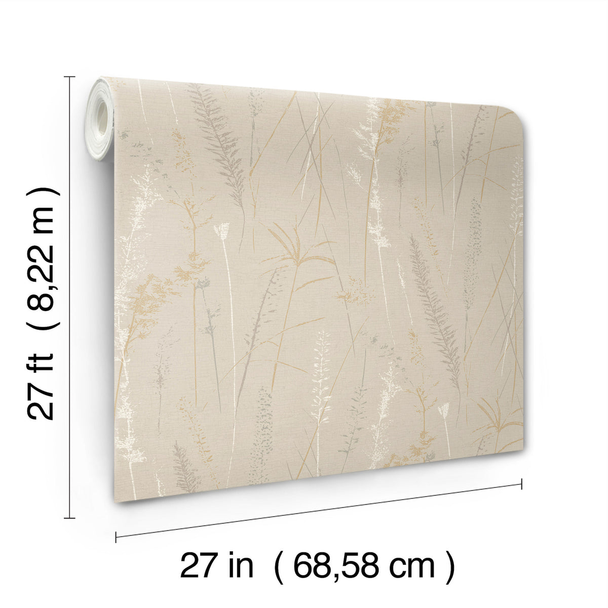 Displayed with labeled dimensions, the Meadow Splendor Botanical Wallpaper features a beige botanical pattern and comes in a rolled format measuring 27 feet (8.22 meters) long by 27 inches (68.58 cm) wide.