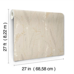 Displayed with labeled dimensions, the Meadow Splendor Botanical Wallpaper features a beige botanical pattern and comes in a rolled format measuring 27 feet (8.22 meters) long by 27 inches (68.58 cm) wide.