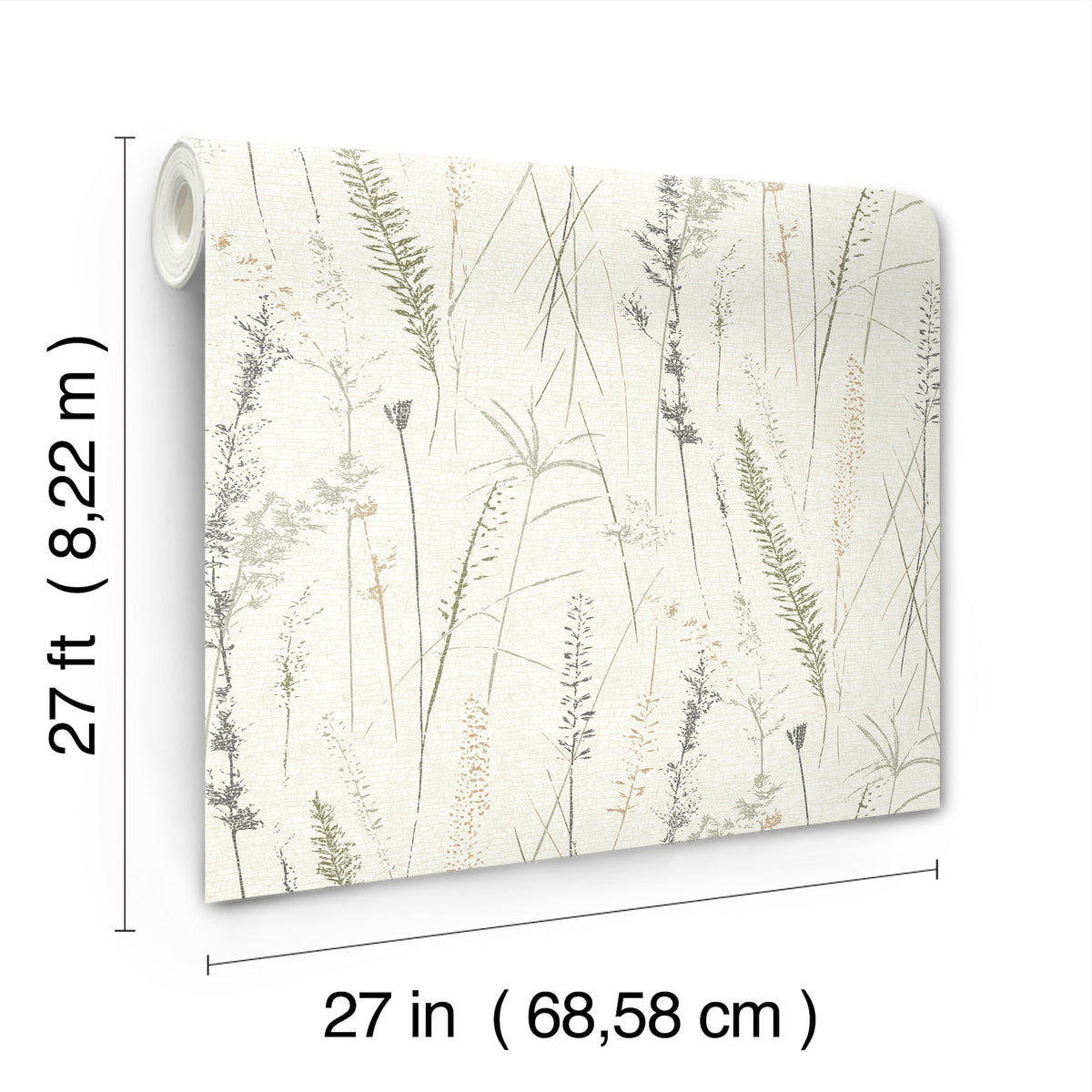 Meadow Splendor Botanical Wallpaper features a botanical grass pattern in muted green, gray, and brown foliage on a light background, and comes in a roll measuring 27 ft (8.22 m) long by 27 in (68.58 cm) wide.