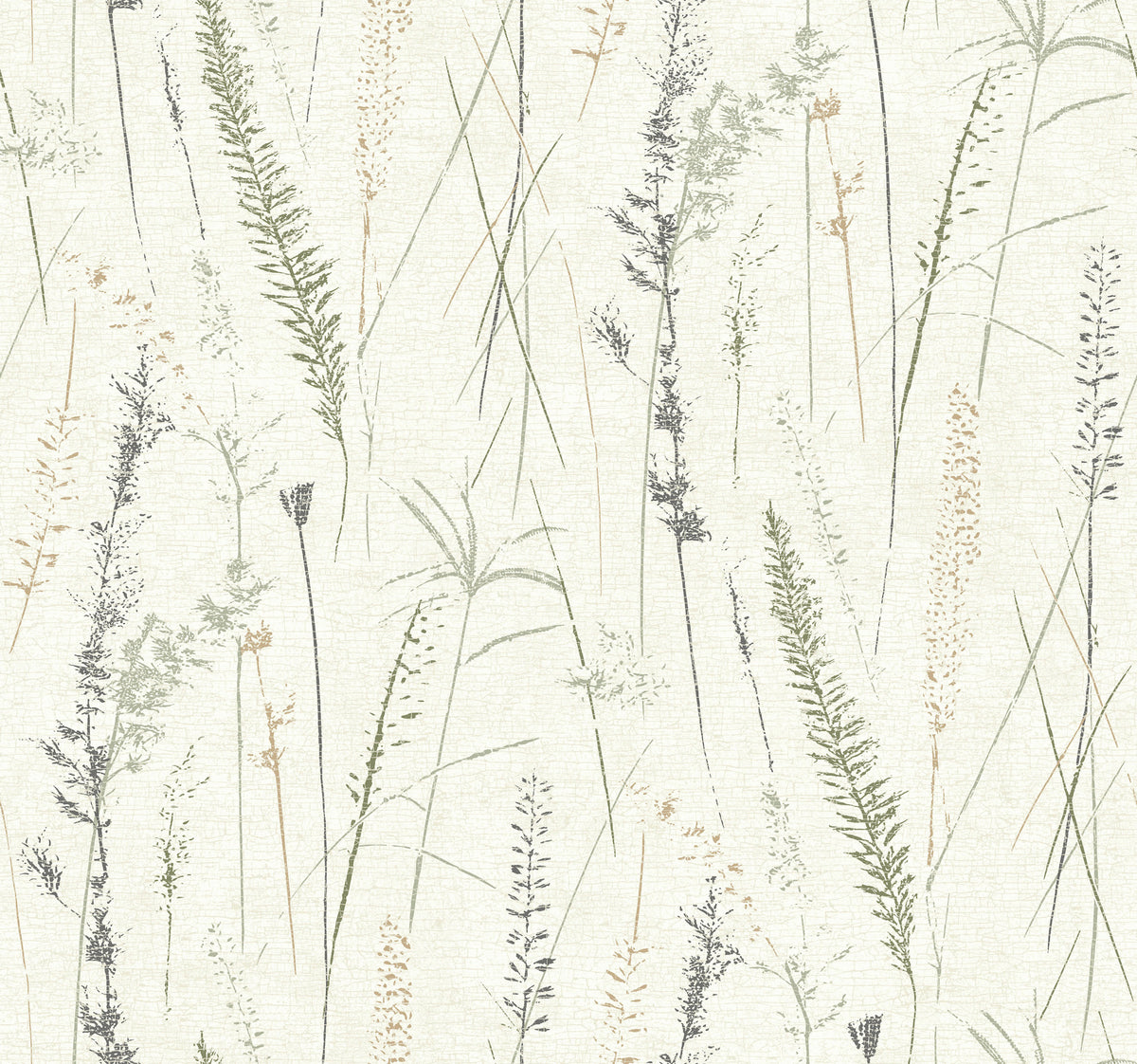 Introducing Meadow Splendor Botanical Wallpaper: this design showcases delicate, hand-drawn grasses and wildflowers in soft green and beige hues set against a light, textured background. The vertical and horizontal repeating pattern lends a natural, minimalist aesthetic to any space.