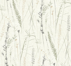 Introducing Meadow Splendor Botanical Wallpaper: this design showcases delicate, hand-drawn grasses and wildflowers in soft green and beige hues set against a light, textured background. The vertical and horizontal repeating pattern lends a natural, minimalist aesthetic to any space.