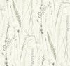 Meadow Splendor Botanical Wallpaper features a delicate, hand-drawn pattern of grasses and wildflowers in soft shades of muted green, beige, and gray on a light textured background. The design offers a gentle, calming botanical aesthetic.