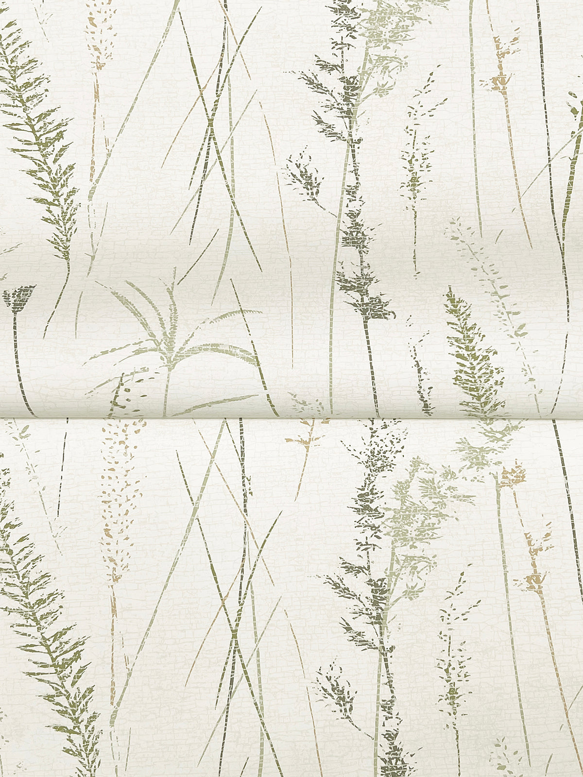 Meadow Splendor Botanical Wallpaper features delicate green and beige botanical grass illustrations set against a textured off-white background, accented by a visible horizontal seam across the center.