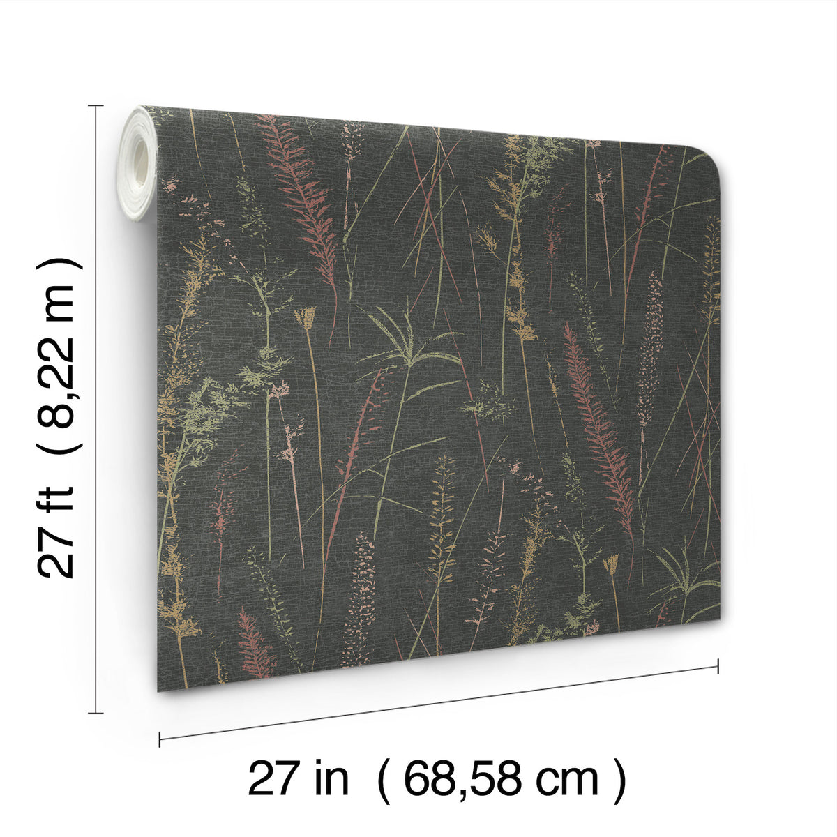 A roll of Meadow Splendor Botanical Wallpaper featuring a dark botanical grass pattern, displayed at an angle. Dimensions: 27 feet (8.22 m) in height and 27 inches (68.58 cm) in width.