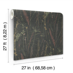 A roll of Meadow Splendor Botanical Wallpaper featuring a dark botanical grass pattern, displayed at an angle. Dimensions: 27 feet (8.22 m) in height and 27 inches (68.58 cm) in width.