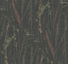 Meadow Splendor Botanical Wallpaper features a dark background adorned with an array of delicate, colorful wild grasses and plants illustrated in vibrant red, green, and yellow tones, forming a repeating botanical pattern.
