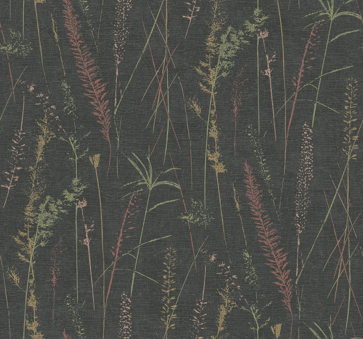 Meadow Splendor Botanical Wallpaper features a pattern of various wild grasses and plants in muted red, green, and yellow tones, arranged on a dark textured background for a natural, botanical look.
