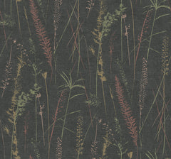 Meadow Splendor Botanical Wallpaper features a pattern of various wild grasses and plants in muted red, green, and yellow tones, arranged on a dark textured background for a natural, botanical look.