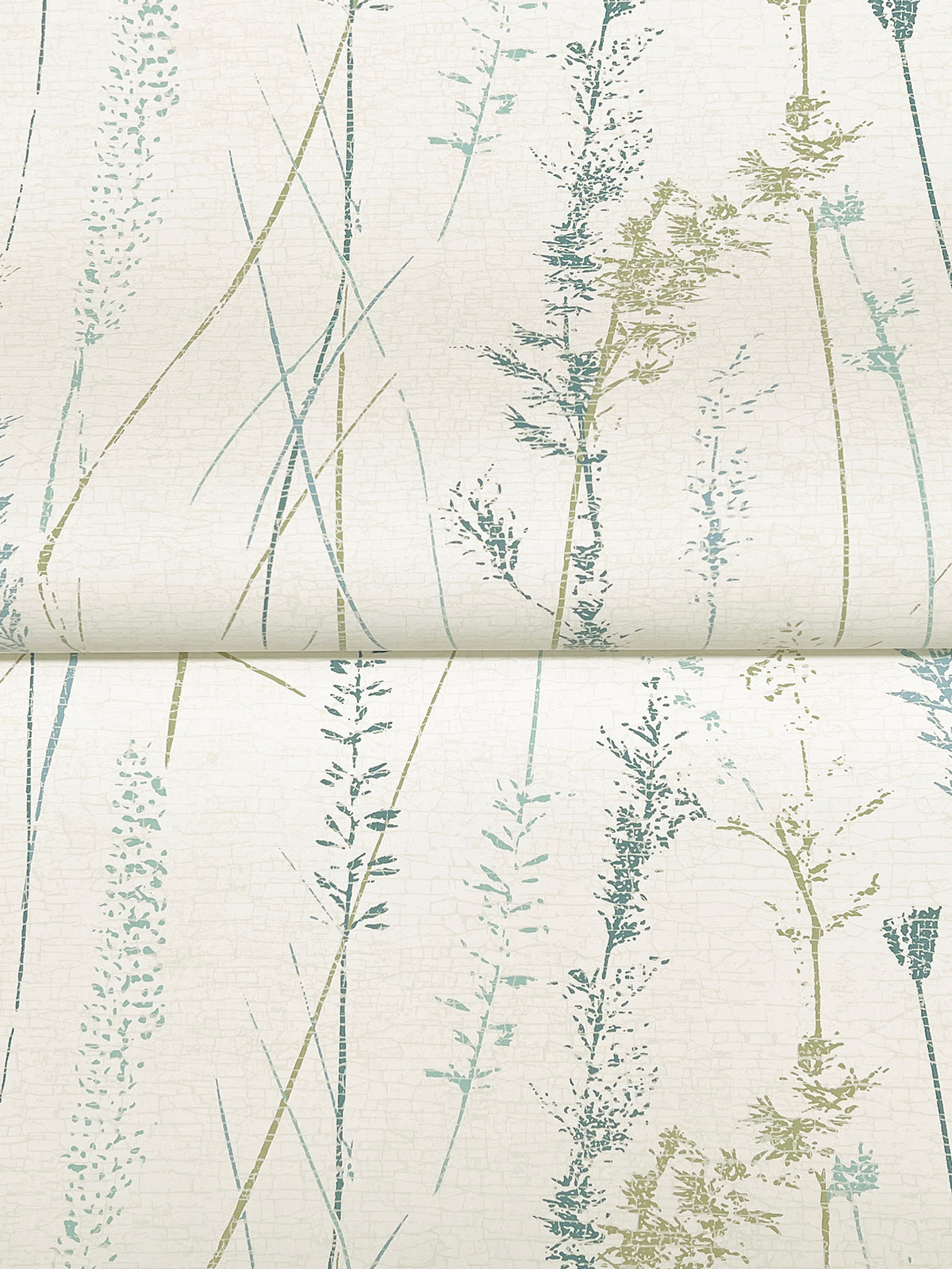 Meadow Splendor Botanical Wallpaper features delicate, vertical silhouettes of grasses and wildflowers in muted green and blue tones on a light background.