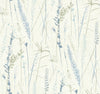 Meadow Splendor Botanical Wallpaper features a delicate, hand-drawn pattern of wild grasses and plants in soft blue, green, and beige tones scattered across a light cream background, creating a gentle and airy nature-inspired design.