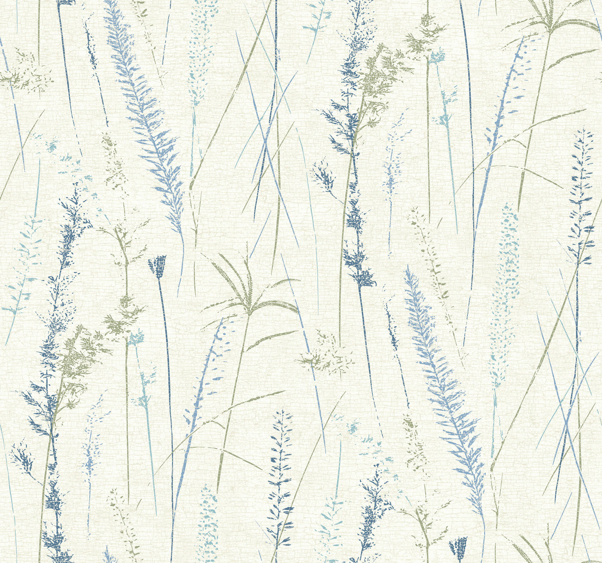 Meadow Splendor Botanical Wallpaper features a delicate, hand-drawn pattern of wild grasses and plants in soft blue, green, and beige tones scattered across a light cream background, creating a gentle and airy nature-inspired design.