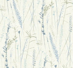 Meadow Splendor Botanical Wallpaper features a delicate, hand-drawn pattern of wild grasses and plants in soft blue, green, and beige tones scattered across a light cream background, creating a gentle and airy nature-inspired design.
