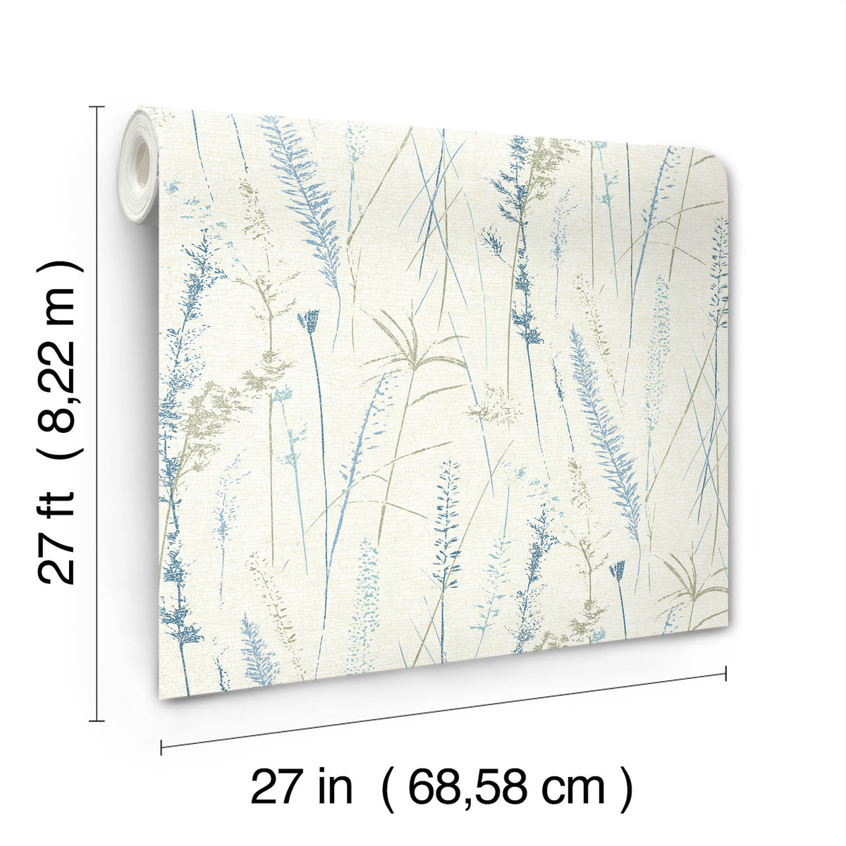 Meadow Splendor Botanical Wallpaper features a light beige background adorned with blue and green botanical patterns, and comes in a roll measuring 27 feet by 27 inches (8.22 m by 68.58 cm).