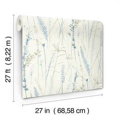 Meadow Splendor Botanical Wallpaper features a light beige background adorned with blue and green botanical patterns, and comes in a roll measuring 27 feet by 27 inches (8.22 m by 68.58 cm).