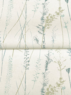 Meadow Splendor Botanical Wallpaper features an off-white background with a subtle crackle texture and delicate vertical botanical prints in muted green and blue tones, evoking the look of wild grasses and leaves.