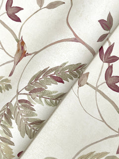Close-up of the Cillian Botanical Bird Trail Wallpaper by York Wallcoverings, showcasing a botanical design with pale green leaves, maroon flowers, and delicate winding stems set against a light cream background.