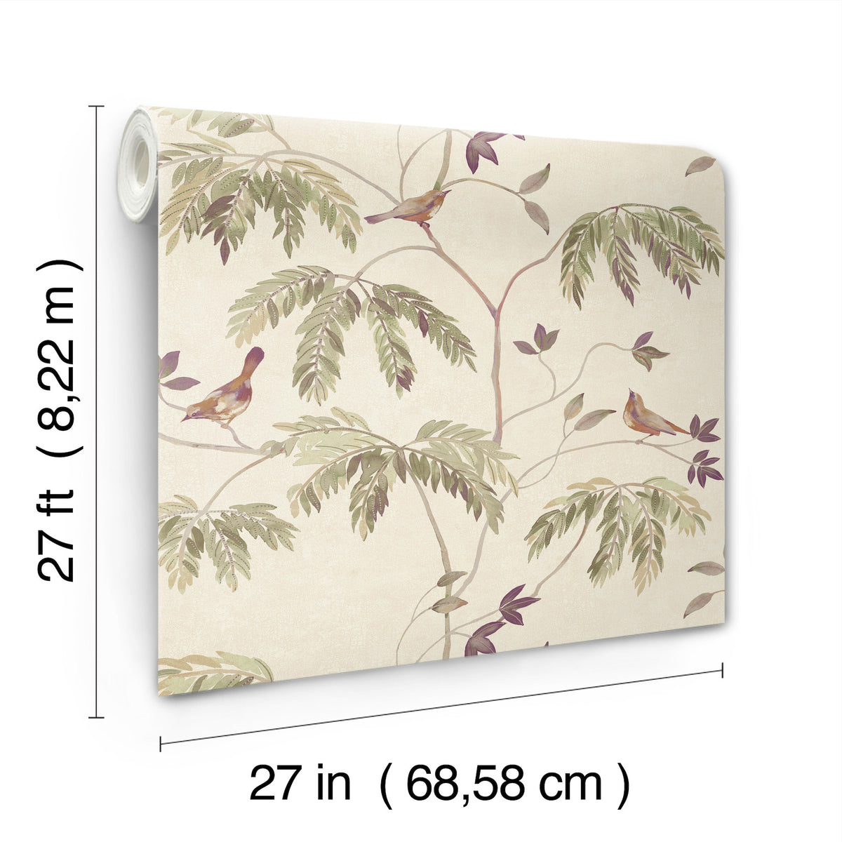 The Cillian Botanical Bird Trail Wallpaper by York Wallcoverings, measuring 27 feet by 27 inches (8.22 m by 68.58 cm), is displayed against a white background.