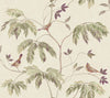 Discover the Cillian Botanical Bird Trail Wallpaper by York Wallcoverings, featuring an illustration of three small birds perched on delicate branches adorned with green and purple leaves, all set against a light beige textured background.