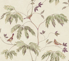 Discover the Cillian Botanical Bird Trail Wallpaper by York Wallcoverings, featuring an illustration of three small birds perched on delicate branches adorned with green and purple leaves, all set against a light beige textured background.