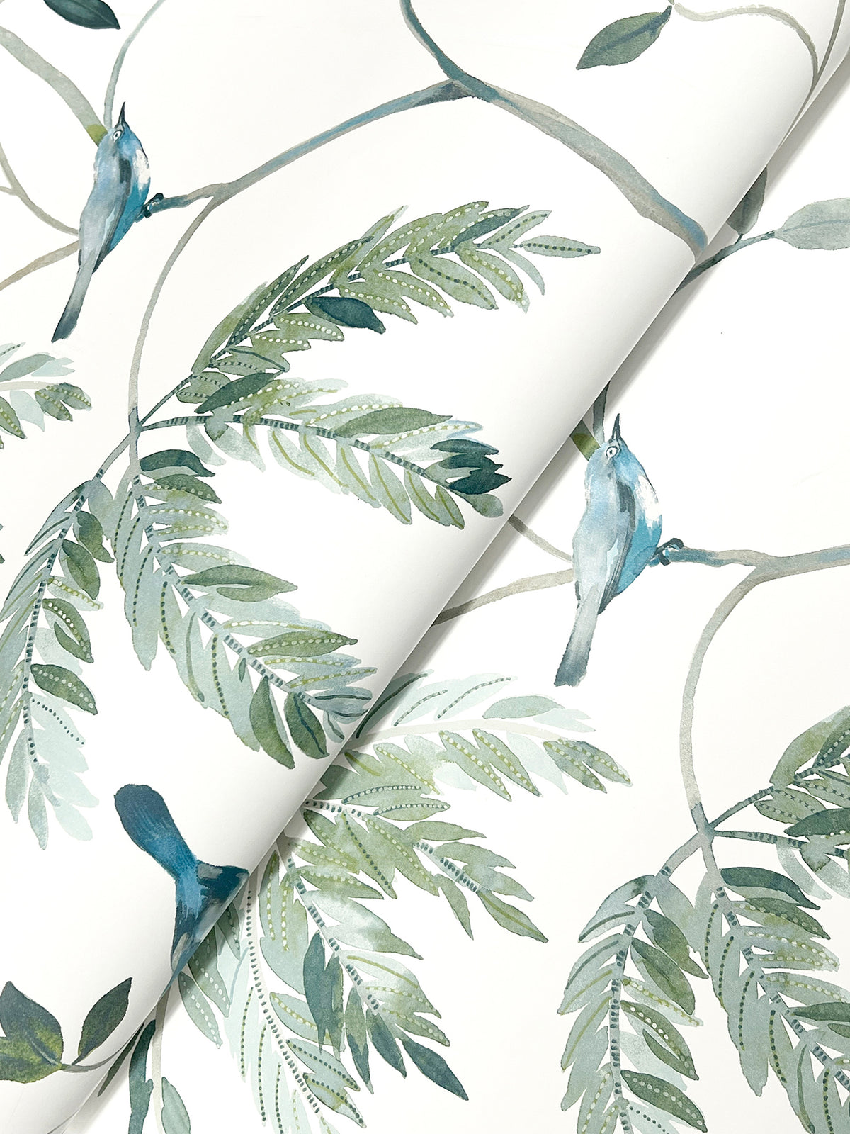 The Cillian Botanical Bird Trail Wallpaper by York Wallcoverings features a watercolor-inspired design of green leafy branches and blue-gray birds perched upon them, all set against a crisp white background.