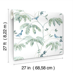 The Cillian Botanical Bird Trail Wallpaper by York Wallcoverings features a botanical design with green leaves and blue birds. Each roll measures 27 feet by 27 inches (8.22 meters by 68.58 centimeters).