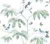 Cillian Botanical Bird Trail Wallpaper by York Wallcoverings features a watercolor illustration of three blue birds perched on delicate leafy branches with light green leaves, set against a white background.