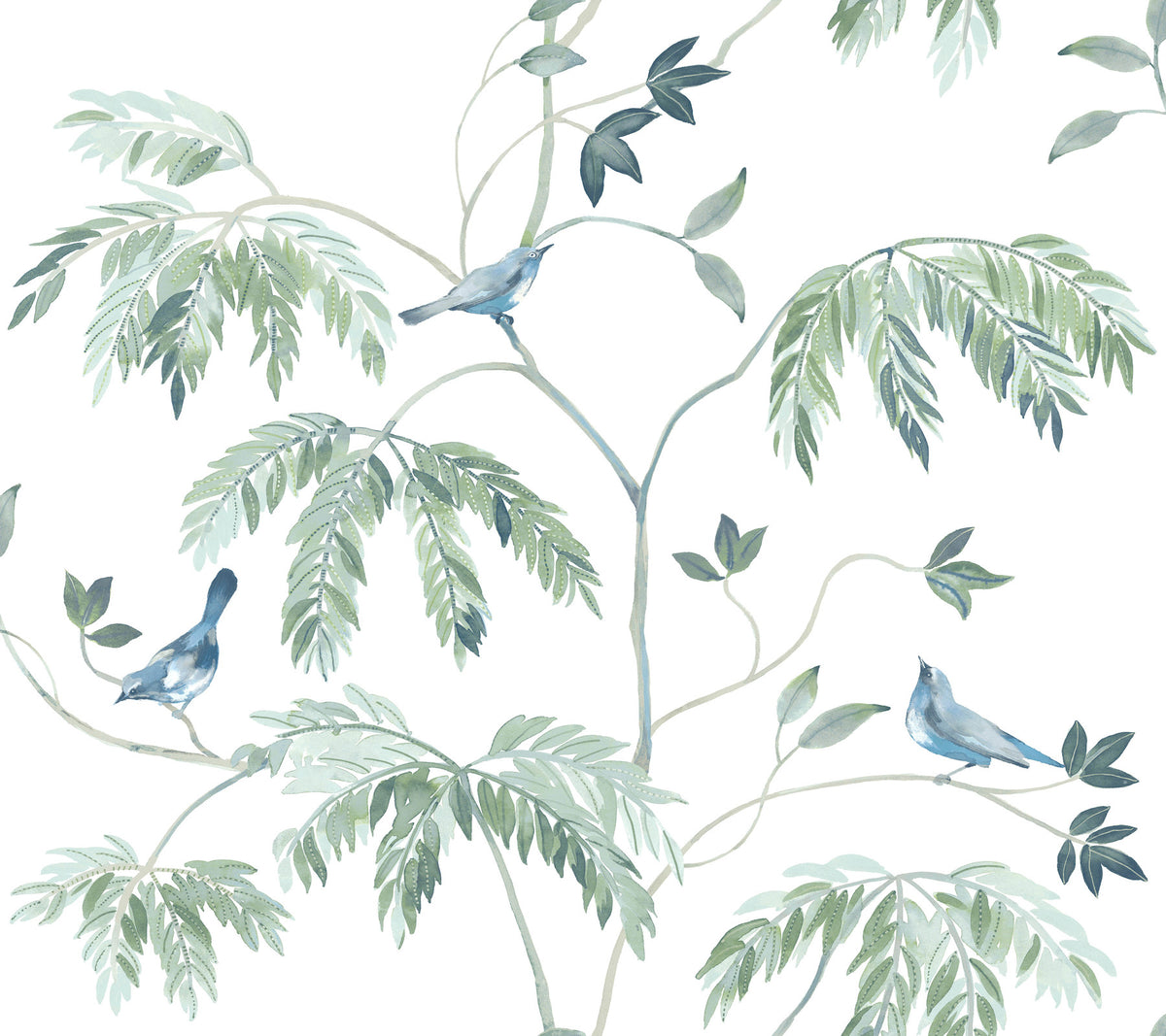 Cillian Botanical Bird Trail Wallpaper by York Wallcoverings features a watercolor illustration of three blue birds perched on delicate leafy branches with light green leaves, set against a white background.