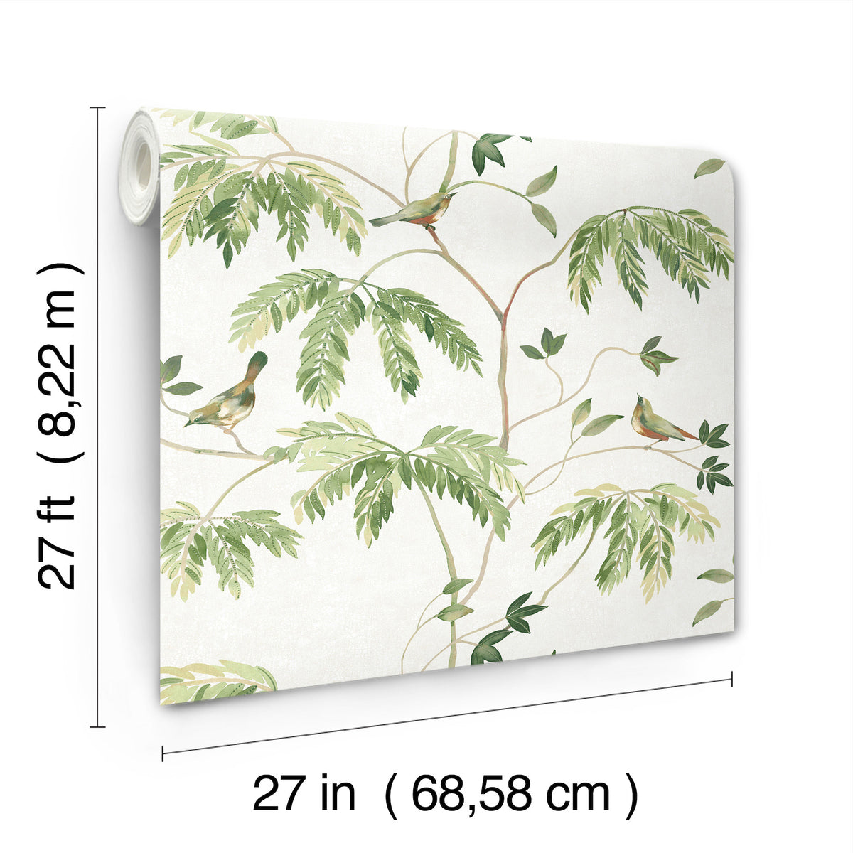 The Cillian Botanical Bird Trail Wallpaper by York Wallcoverings features a green leafy branch and bird pattern, and is available in rolls measuring 27 feet long by 27 inches wide (68.58 cm).