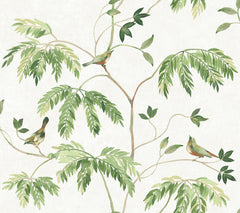 Transforming the original sentence using your product data: The Cillian Botanical Bird Trail Wallpaper by York Wallcoverings features an illustration of three small birds perched on leafy green branches against a light background, bringing a delicate, nature-inspired touch and serene atmosphere to any space.