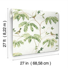 Cillian Botanical Bird Trail Wallpaper by York Wallcoverings features a green leafy branch and bird pattern and comes in a roll measuring 27 feet (8.22 m) long and 27 inches (68.58 cm) wide.