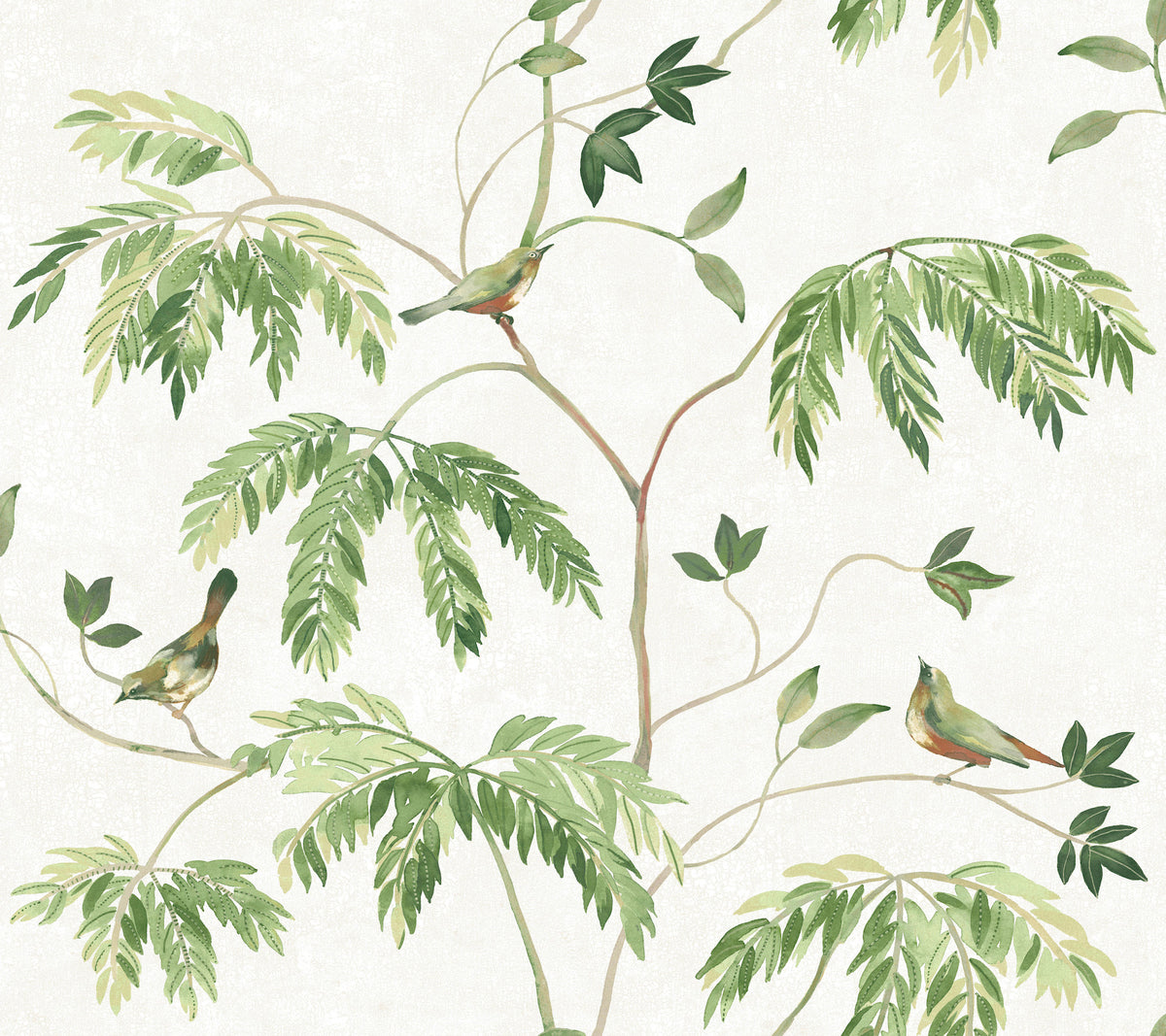Experience the serene charm of the Cillian Botanical Bird Trail Wallpaper by York Wallcoverings, featuring a soft, natural design with three small birds perched on branches surrounded by lush green foliage against a light, textured backdrop. This botanical wallpaper creates a tranquil and inviting atmosphere in any space.