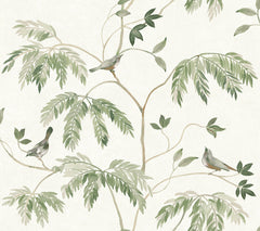 Three small birds perch on branches amidst green, fern-like leaves against a light, cream-colored background in the Cillian Botanical Bird Trail Wallpaper by York Wallcoverings.
