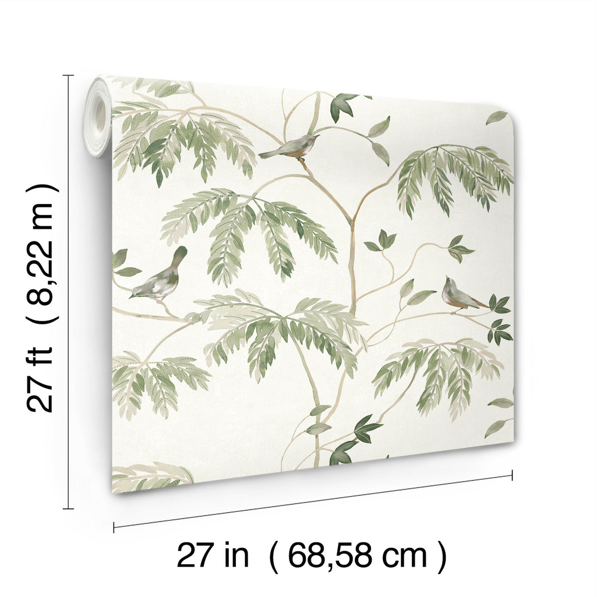 A roll of York Wallcoverings’ Cillian Botanical Bird Trail Wallpaper, featuring a botanical and bird design, is displayed upright. The dimensions are labeled as 27 feet (8.22 meters) by 27 inches (68.58 cm).