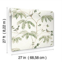 A partially unrolled roll of York Wallcoverings’ Cillian Botanical Bird Trail Wallpaper displays a leafy branch and bird pattern. It measures 27 feet (8.22 m) in length and 27 inches (68.58 cm) in width, with the dimensions clearly labeled.