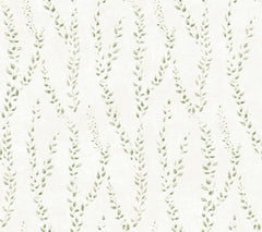 Alpenrose Vine Wallpaper by York Wallcoverings features a subtle pattern of light green leafy vines in a repeating vertical zigzag, set against a white textured background.