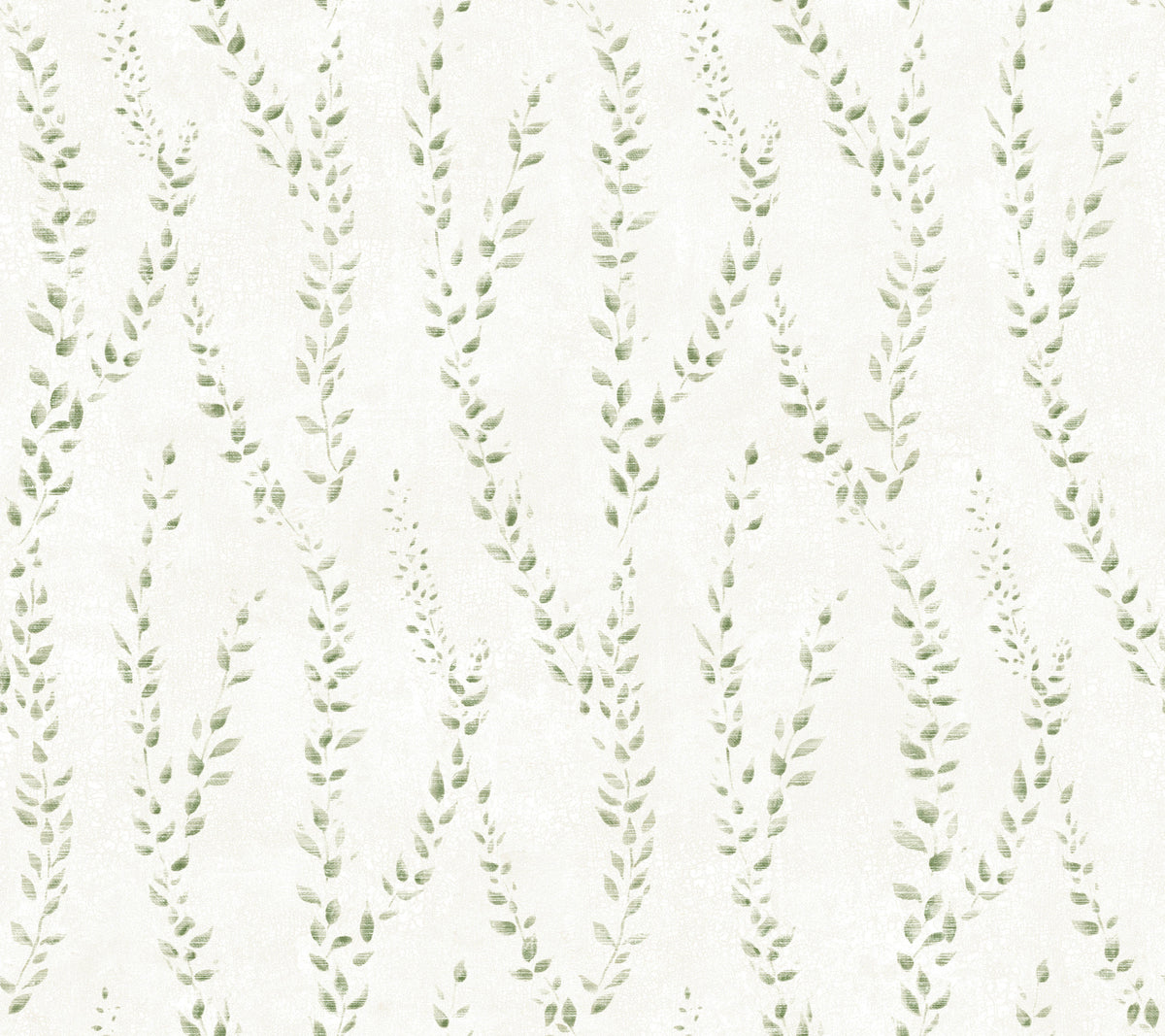 York Wallcoverings’ Alpenrose Vine Wallpaper features a seamless pattern of delicate green leafy vines arranged in a vertical zigzag design on a light, textured background.