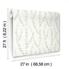 The Alpenrose Vine Wallpaper by York Wallcoverings is shown upright, featuring a light green leafy pattern. The dimensions are 27 feet (8.22 m) in height and 27 inches (68.58 cm) in width.