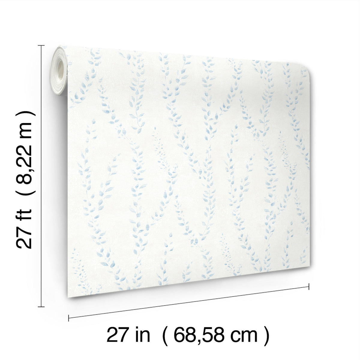 The Alpenrose Vine Wallpaper by York Wallcoverings is displayed, featuring a light blue leafy pattern. The roll measures 27 feet (8.22 m) in length and 27 inches (68.58 cm) in width, with measurements labeled on the image.