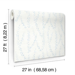 The Alpenrose Vine Wallpaper by York Wallcoverings is displayed, featuring a light blue leafy pattern. The roll measures 27 feet (8.22 m) in length and 27 inches (68.58 cm) in width, with measurements labeled on the image.