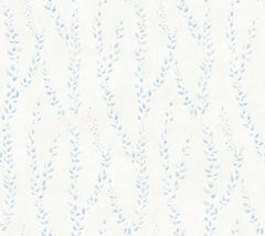 The Alpenrose Vine Wallpaper by York Wallcoverings features a light beige background adorned with a subtle, repeating pattern of delicate blue leafy branches arranged in graceful, vertical wavy lines. This soft and minimal design creates a gentle and calming atmosphere.