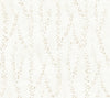 Alpenrose Vine Wallpaper by York Wallcoverings features a cream-colored background adorned with a subtle repeating pattern of vertical, wavy branches and small light beige leaves, offering a soft, delicate, and textured appearance.
