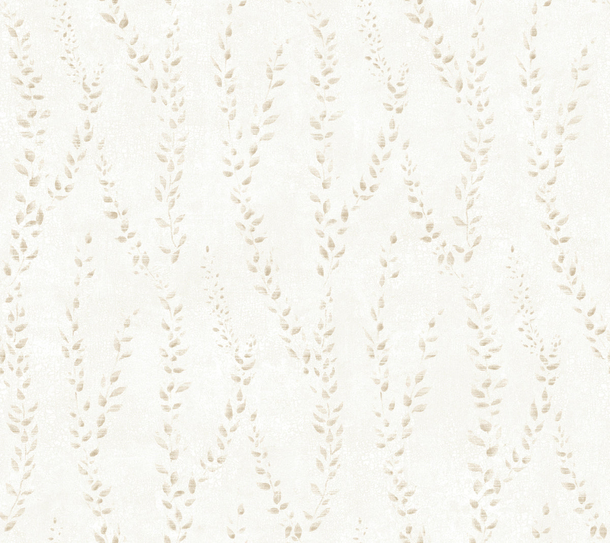 Alpenrose Vine Wallpaper by York Wallcoverings features a cream-colored background adorned with a subtle repeating pattern of vertical, wavy branches and small light beige leaves, offering a soft, delicate, and textured appearance.