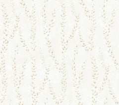 Alpenrose Vine Wallpaper by York Wallcoverings features a cream-colored backdrop adorned with a subtle, repeating pattern of delicate vertical leafy vines. This soft and understated design creates a light, airy appearance for any space.