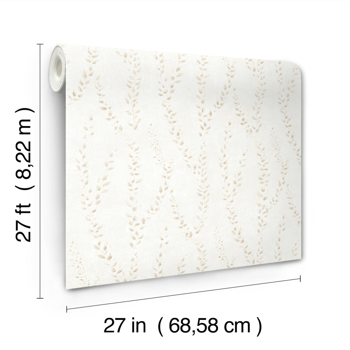 The Alpenrose Vine Wallpaper by York Wallcoverings is displayed in a rolled form, featuring a subtle leaf pattern. Text shows its dimensions as 27 feet (8.22 m) in length and 27 inches (68.58 cm) in width.