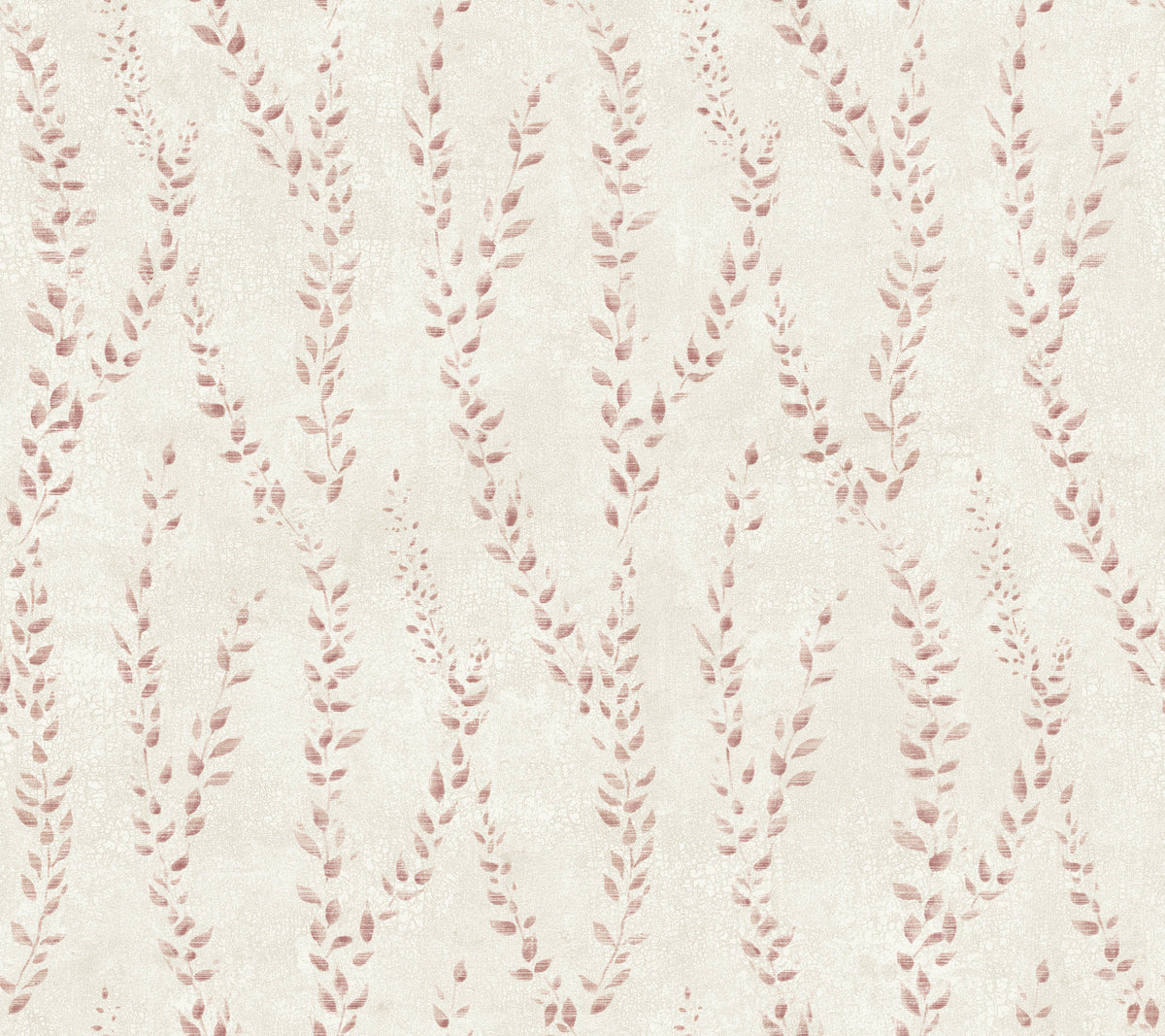 The Alpenrose Vine Wallpaper by York Wallcoverings features a light beige background with a repeating pattern of pinkish-brown leafy vines in a zigzag arrangement, creating a soft, delicate, and organic aesthetic.