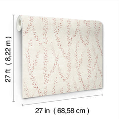 A roll of York Wallcoverings Alpenrose Vine Wallpaper featuring a pink leaf pattern on a light background, measuring 27 feet long by 27 inches wide (68.58 cm x 8.22 meters).
