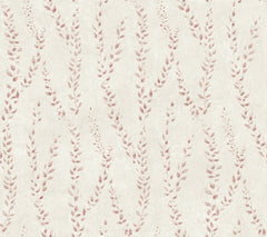 Alpenrose Vine Wallpaper by York Wallcoverings features a textured beige background adorned with a subtle, repeating pattern of soft pink leafy vines flowing in wavy, vertical lines.