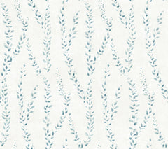 Alpenrose Vine Wallpaper by York Wallcoverings features a seamless pattern of delicate, blue-green leafy branches arranged in a wavy, vertical design on a light, textured background.